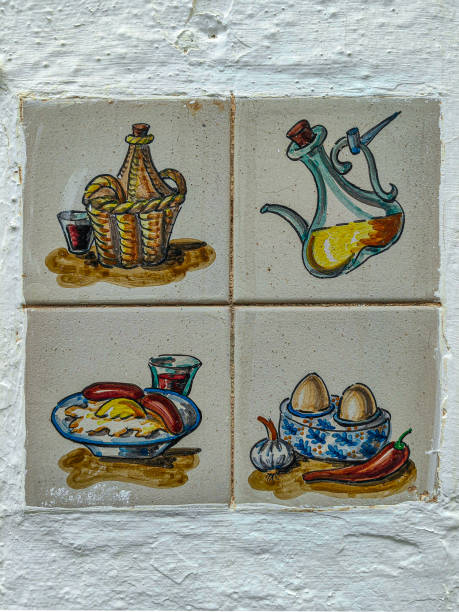istock Pattern of old style retro vintage hand painted wall decorative round shape ceramic tiles with blue lines on white closeup at a old spanish villa. 2175407061
