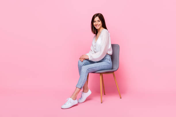 istock Full length photo of good looking office worker sit stool posing empty space wear stylish outfit isolated pink color background 2175409470