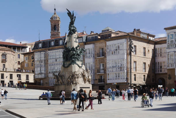 Vitoria-Gasteiz, Basque Country / Spain - September 07 2024: Visitors and locals enjoy a sunny day in the historical center of the city