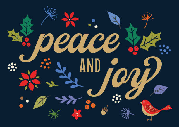 Cute Holiday Card with Script Lettering Greeting and Hand Drawn Elements Cute, modern Christmas Card with script lettering holiday greeting of peace and joy and hand drawn elements, leaves, holly, poinsettias and berries. symbols of peace stock illustrations