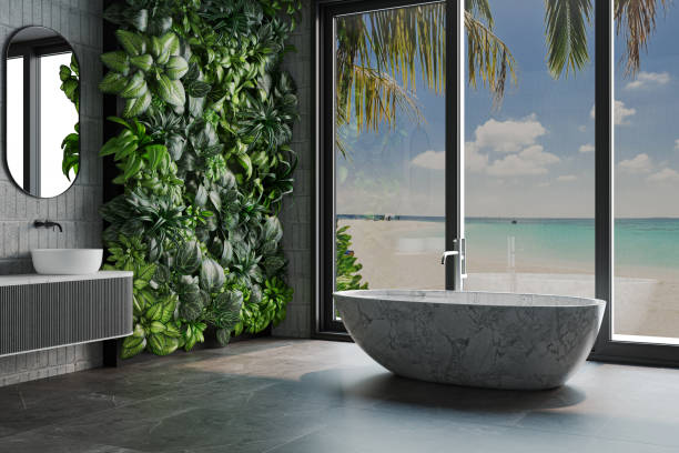 istock Green Brutalist Bathroom Design with Green Wall and Tropical Panaromic View. 2175422037
