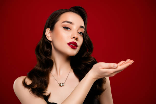 istock Classy fancy attractive lady presenting jewelry store collection empty space isolated on red color background 2175429203