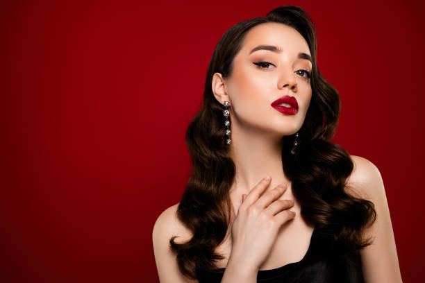 istock Charming tender lady popular celebrity promo banner precious diamond empty space isolated on red color background 2175430574