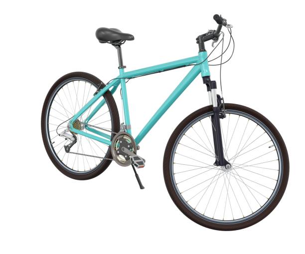 istock Blue teal bicycle standing on kickstand, front side view isolated on white background, 3D illustration 2175433501