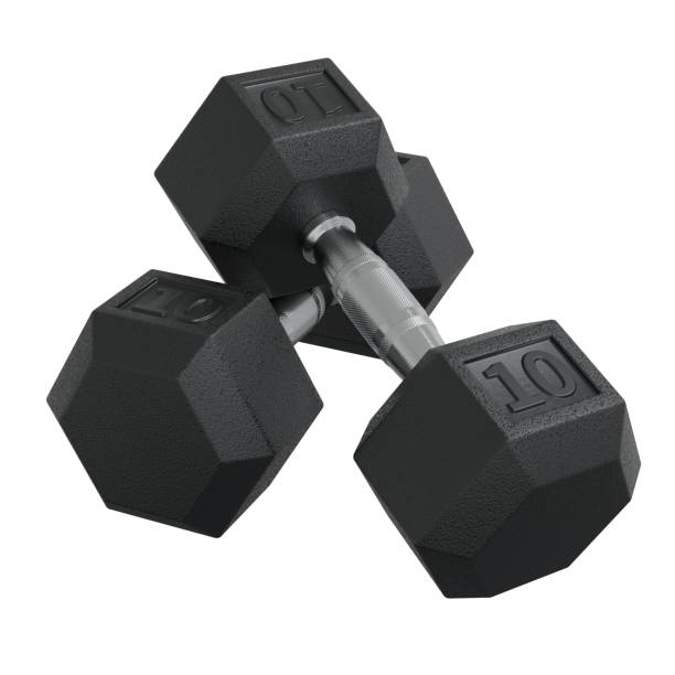 istock Two Hex Dumbbells with number 10, weightlifting gym equipment 2175433547