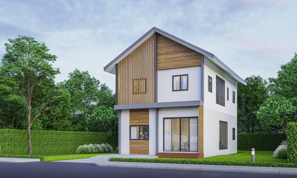 istock Modern house exterior evening view with lawn grass.3d rendering 2175437255