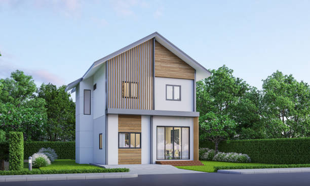 istock Modern house exterior evening view with lawn grass.3d rendering 2175437257