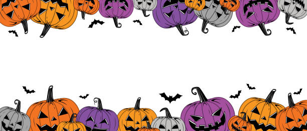 Colorful Halloween Pumpkins Frame Vector Colorful Halloween Pumpkins Frame Template Isolated on White Background Vintage Style Scary Halloween pumpkins Collection with creepy face expressions Happy Halloween Trick or Treat halloween border stock illustrations