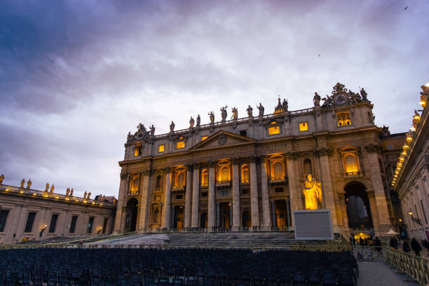 Vatican City - December 17, 2018: facade of St. Peter's Basilica at the sunset, in Vatican City.