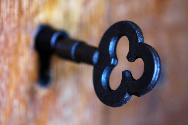 A big black old fashioned key in a period house. The key is in the lock of a large wooden door. The image has a soft focus.