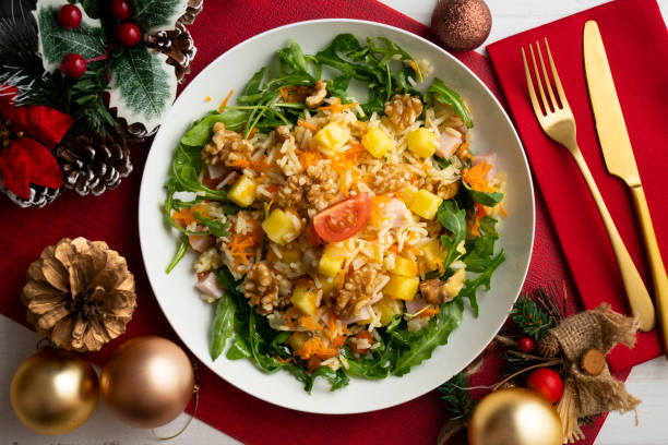 istock Healthy rice, pineapple and turkey salad. Top view table with Christmas decorations. 2175455199