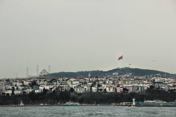 Istanbul cityscape, historic bridge over the river, urban skyline with Turkish architecture.