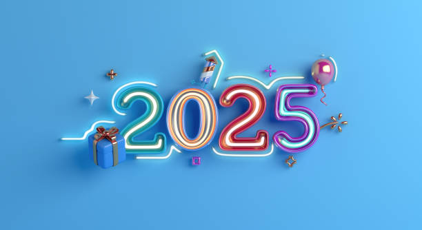 istock Happy new year 2025 decoration background with neon glass, balloon, gift box, 3D rendering illustration 2175465085