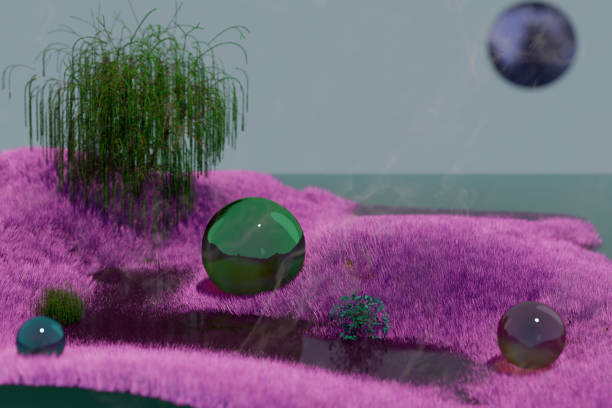 A surreal landscape featuring colorful spheres and vibrant pink vegetation under a distant planet. 3d rendering.
