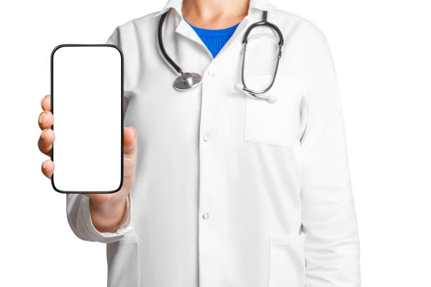 istock Doctor holding a smartphone with a blank screen on an empty background for medical app designs, healthcare marketing, and digital presentations. 2175467690