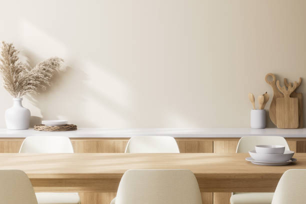 istock Close up view of minimal style modern contemporary dining room interior with empty wall for copy space 3d render 2175487328