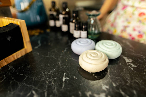 Natural cosmetics, close up photo hand made soap.