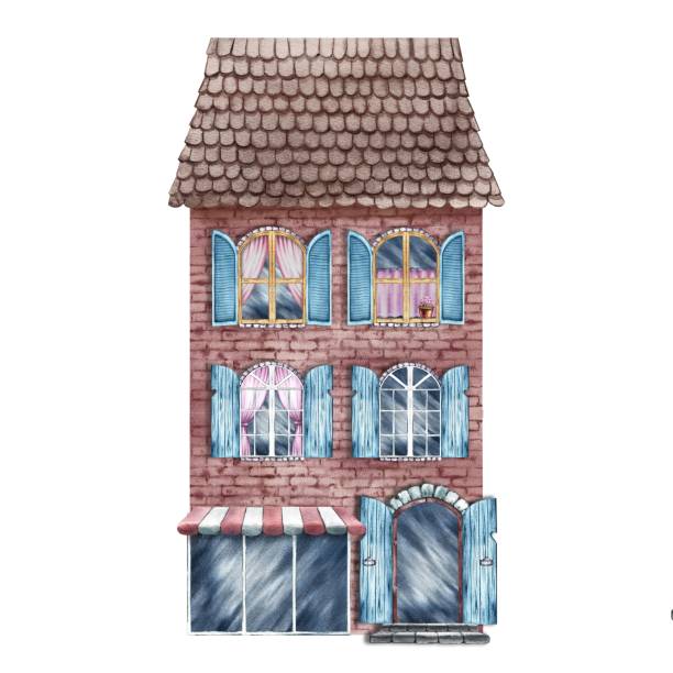 istock An old house with a storefront. Tiled roof. The watercolor illustration is made by hand. Highlight it. For printing, children's games, postcards, packaging, scrapbooking and stickers. 2175493379