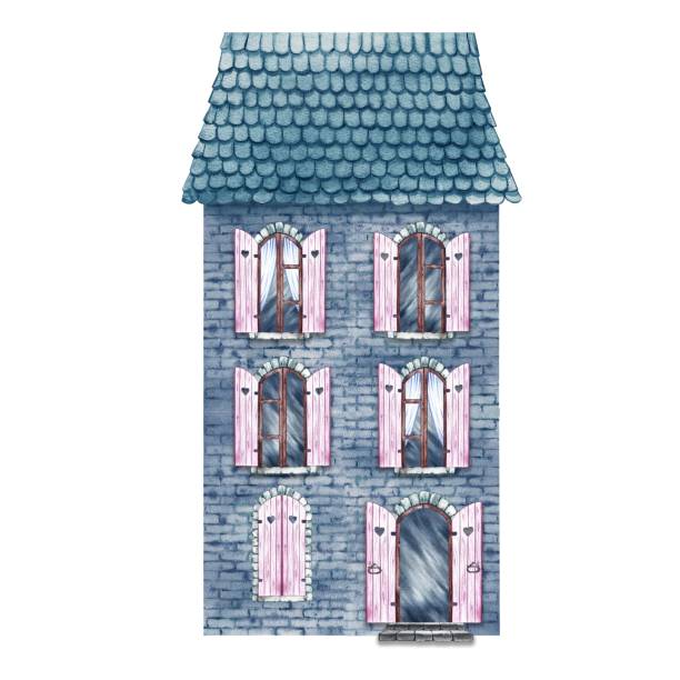 istock An old brick house with arched windows, a fabulous, cute, blue three-storey house in vintage style. The watercolor illustration is made by hand. For printing, children's games, postcards, scrapbooking 2175495220