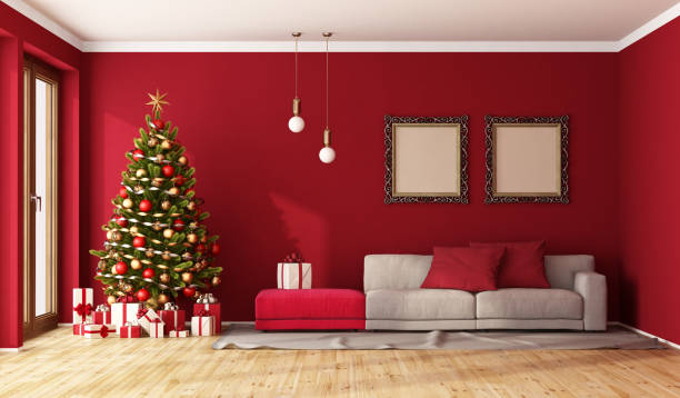 istock Red living room decorated for christmas with tree and presents 2175507385