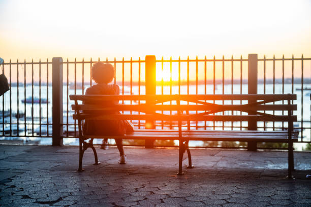 Brooklyn, NY, USA - September 11, 2024 At sunset in Brooklyn Heights a woman with natural hair sits on a park bench along the water as she looks out toward the view.