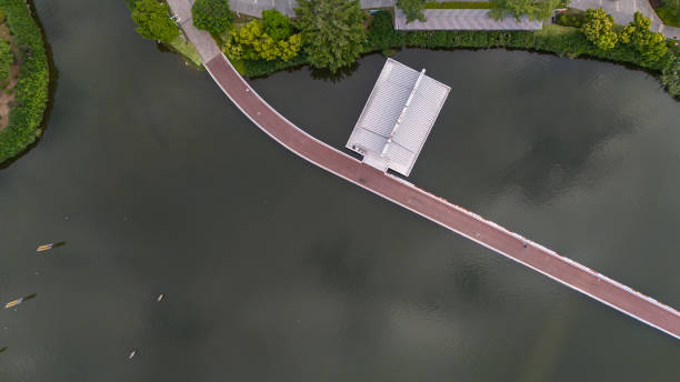 Sidewalk on green city lake