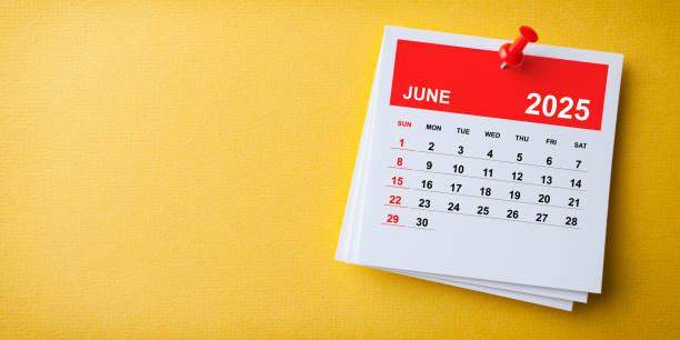 istock White Sticky Note With 2025 June Calendar And Red Push Pin On Blue Background 2175523514