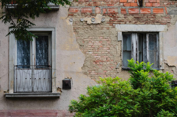 A close-up of an old building facade with crumbling plaster revealing exposed brickwork. The mix of worn bricks and decaying exterior illustrates the passage of time and urban decay, with a tree adding a natural element to the scene.