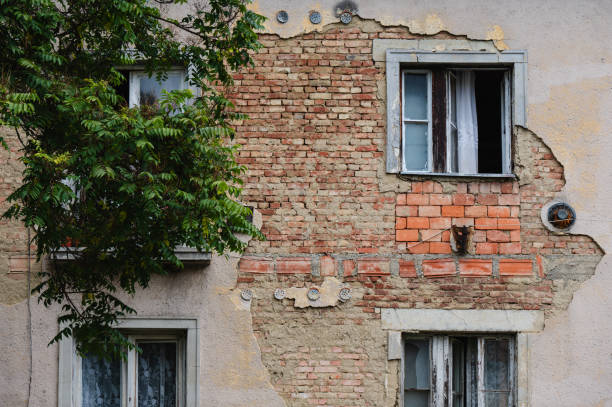 A close-up of an old building facade with crumbling plaster revealing exposed brickwork. The mix of worn bricks and decaying exterior illustrates the passage of time and urban decay, with a tree adding a natural element to the scene.