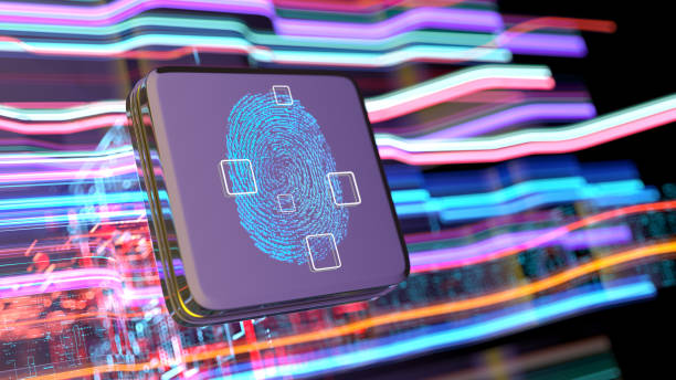 istock Fingerprint sign - Person identity. Digital concept with touch screen biometrics security on CPU and color stripes 2175529718