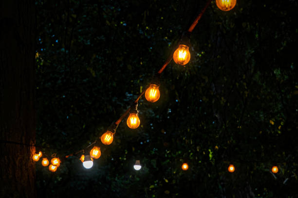 istock Festive glowing bulbs in the summer garden 2175531022