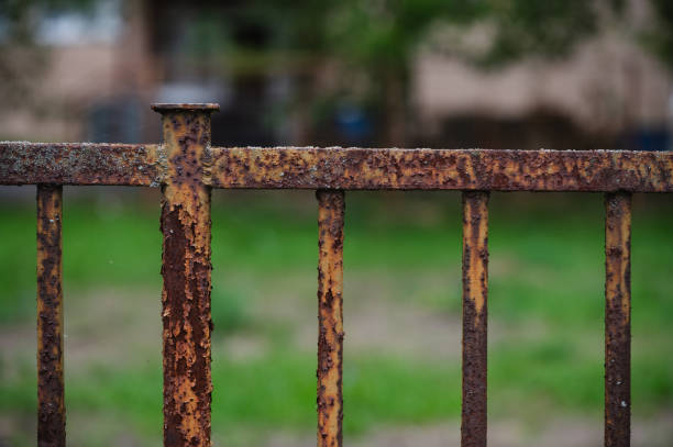 istock Rusty metal fence with green foliage background 2175531704