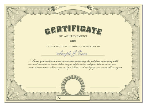 classic certificate background with guilloche border, banner / scroll as a header and badge for a stamp or seal, editable  vector template