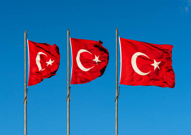 Closeup view of Turkish Flags Over Blue Sky