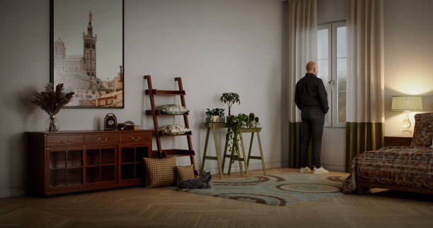 istock Cozy 60s Inspired Bedroom with Serene Ambiance 2175536196