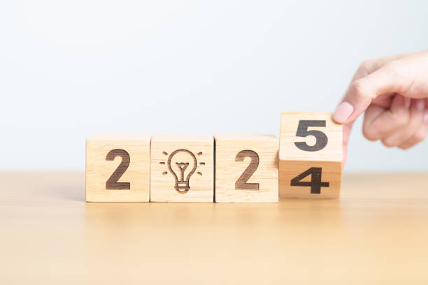 istock 2024 year change to 2025 year block with lightbulb. Business Idea, Creative, Thinking, brainstorm, Goal, Resolution, strategy, plan, Action, change and New Year start concepts 2175546019