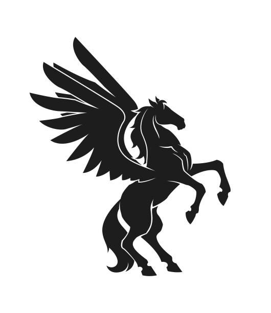 Pegasus, Rearing Horse with wings mascot character - cut out vector silhouette, icon, logo, tattoo, sticker Stylized silhouette of Pegasus mascot character, beautiful horse with wings standing on its hind legs - monochrome cut out vector icon, logo, sticker, stencil, tattoo, black on white pony wings stock illustrations