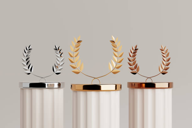 Empty Golden, Silver and Bronze Laurel Winner Place Stage Mockup on a white background. 3d Rendering
