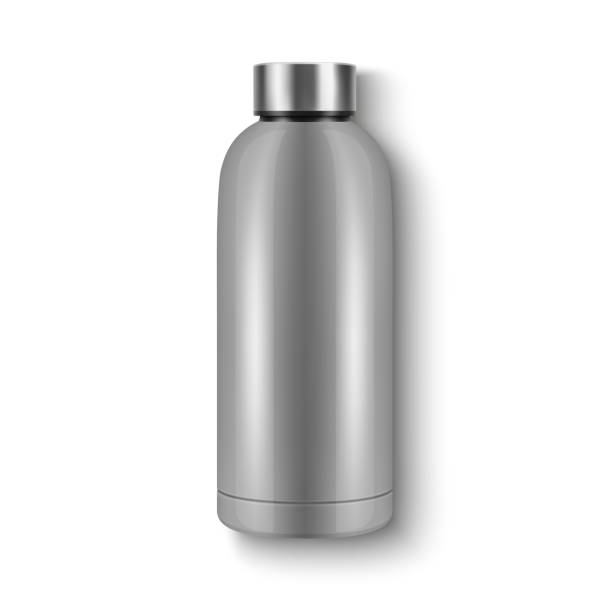 istock Vector Realistic 3D Steel Blank Glossy Reusable Water Bottle with Silver Bung Closeup Isolated. Design Template of Packaging Mockup. Front View 2175555128
