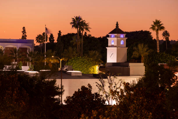 Sunset light shines on the historic downtown City Hall of Fullerton, California, USA.