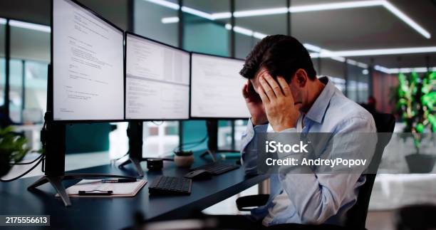 Unhappy Sad Developer Programmer Man In Stress Coding Software Stock ...