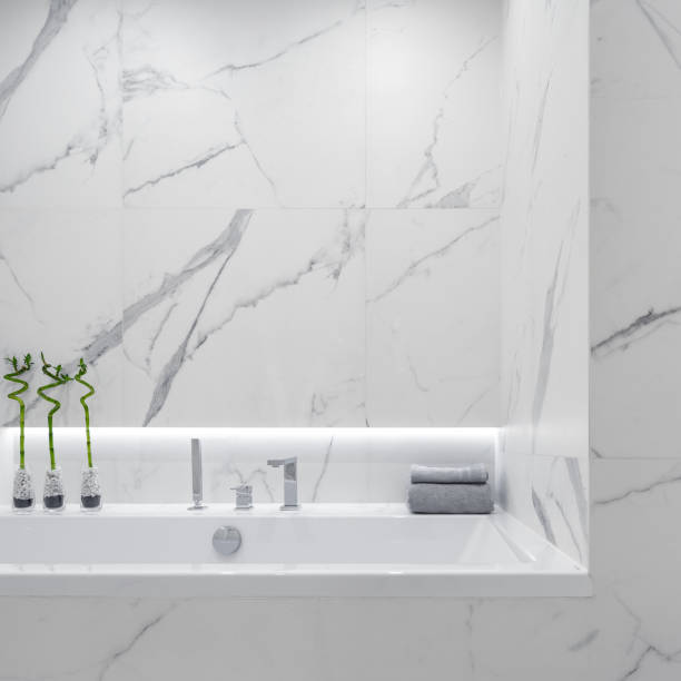 istock Bathtub in bathroom with marble tiles, close-up 2175561644