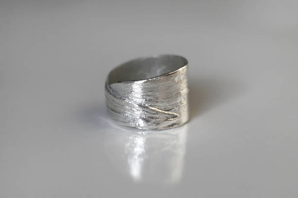 istock Wide textured silver ring with leaves pattern on a white background. Handmade jewelry. 2175561985