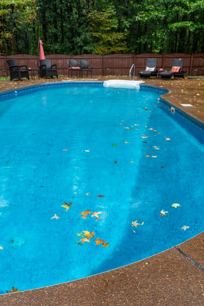 istock Autumn leaves littering a swimming pool and deck 2175563882