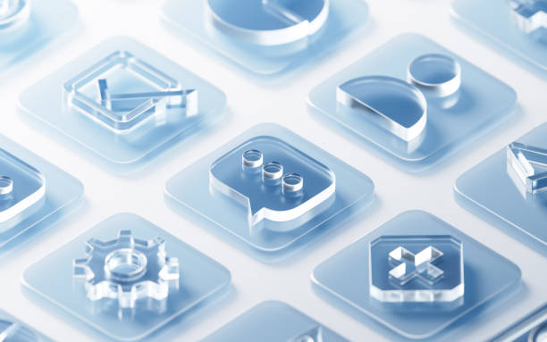 Transparent glass icons background, 3d rendering.