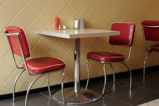 istock Stylish Retro Diner Seating with Red Chairs 2175576173