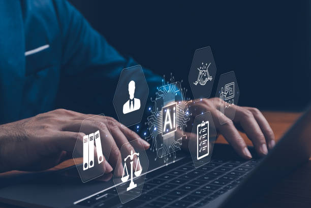 AI Laws and Regulations Concept: A hand typing on a laptop with digital screen, representing artificial intelligence, legal standards, ethics, and regulatory compliance. Visual symbolizes law.