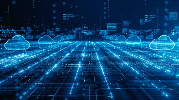 futuristická síť cloud computingu se zářícími digitálními cestami, které představují cloudovou technologii, tok dat a globální konektivitu. kybernetické digitální datové pozadí, 3d rendering - postavená konstrukce - stock snímky, obrázky a fotky