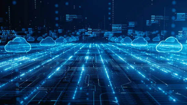 Photo of Futuristic cloud computing network with glowing digital pathways, representing cloud technology, data flow, and global connectivity. Cybersecurity digital data background, 3D Rendering