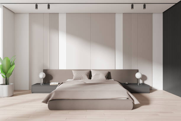 istock Modern minimalist bedroom with neutral tones and elegant decor. 3D Rendering 2175581394